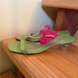 Green Slip-On Heels with Pink Bow